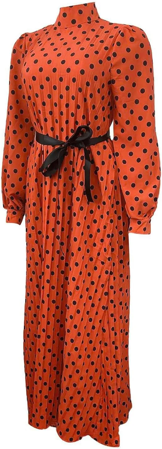 Women Polka Dots Pleated Dress Party Elegant 3/4 Sleeve Mock Neck Flowy Midi Cocktail Dresses with Belt Plus Size