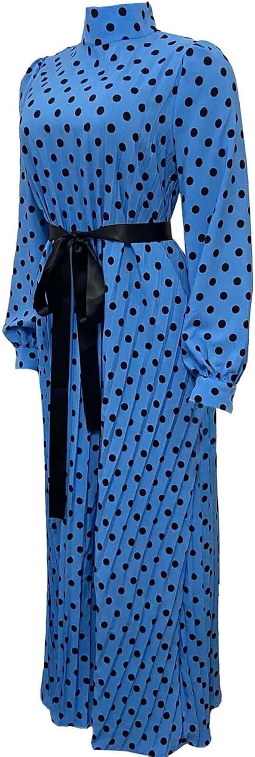 Women Polka Dots Pleated Dress Party Elegant 3/4 Sleeve Mock Neck Flowy Midi Cocktail Dresses with Belt Plus Size