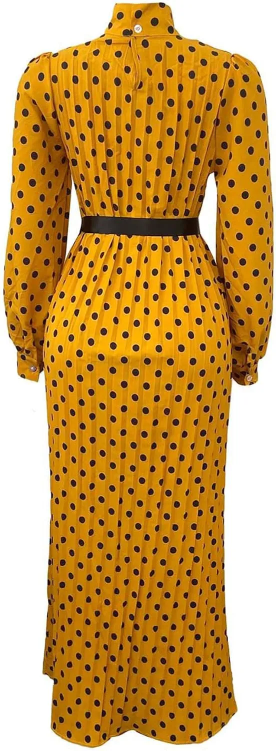 Women Polka Dots Pleated Dress Party Elegant 3/4 Sleeve Mock Neck Flowy Midi Cocktail Dresses with Belt Plus Size