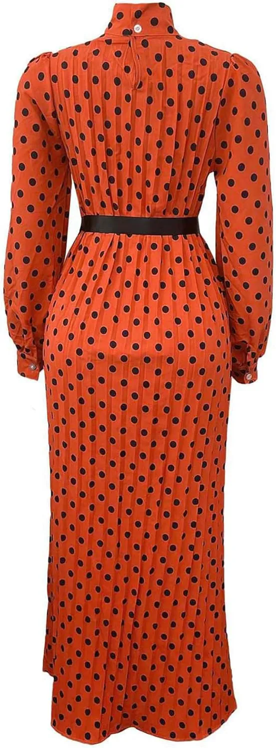 Women Polka Dots Pleated Dress Party Elegant 3/4 Sleeve Mock Neck Flowy Midi Cocktail Dresses with Belt Plus Size