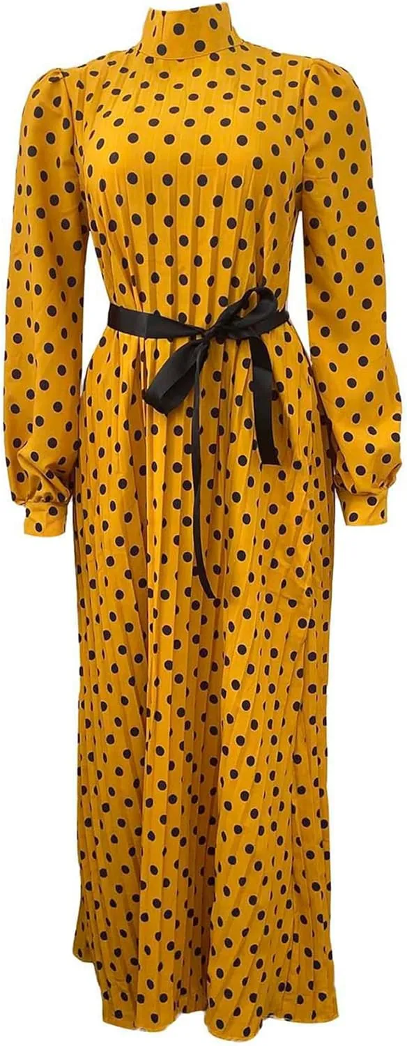 Women Polka Dots Pleated Dress Party Elegant 3/4 Sleeve Mock Neck Flowy Midi Cocktail Dresses with Belt Plus Size