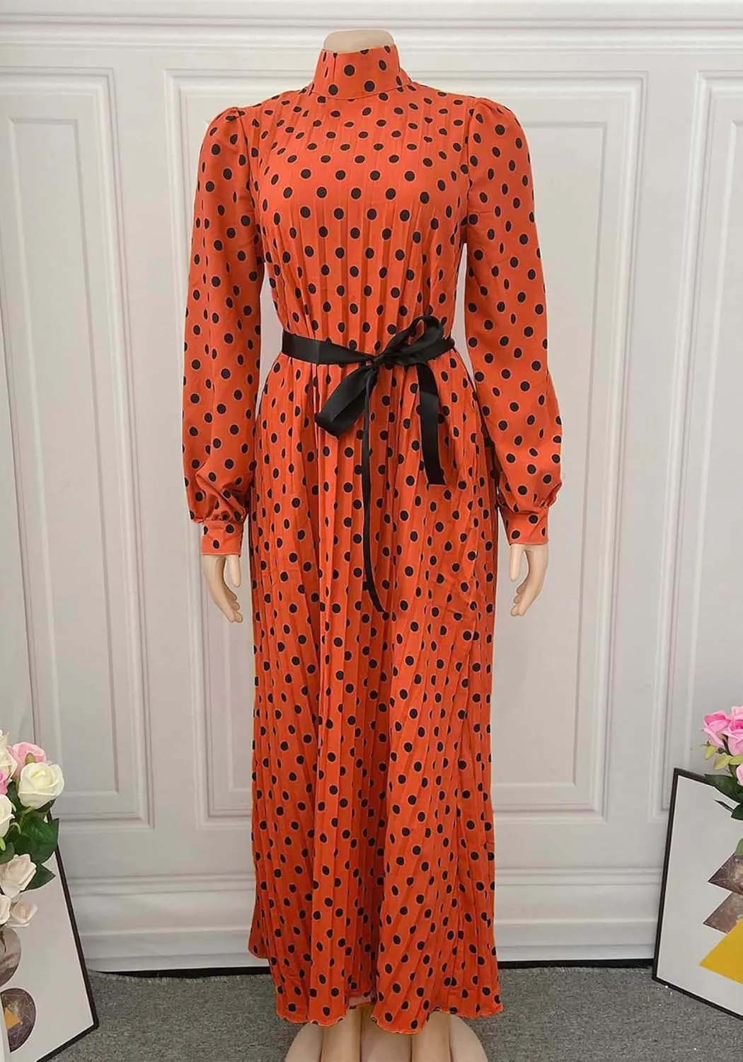 Women Polka Dots Pleated Dress Party Elegant 3/4 Sleeve Mock Neck Flowy Midi Cocktail Dresses with Belt Plus Size