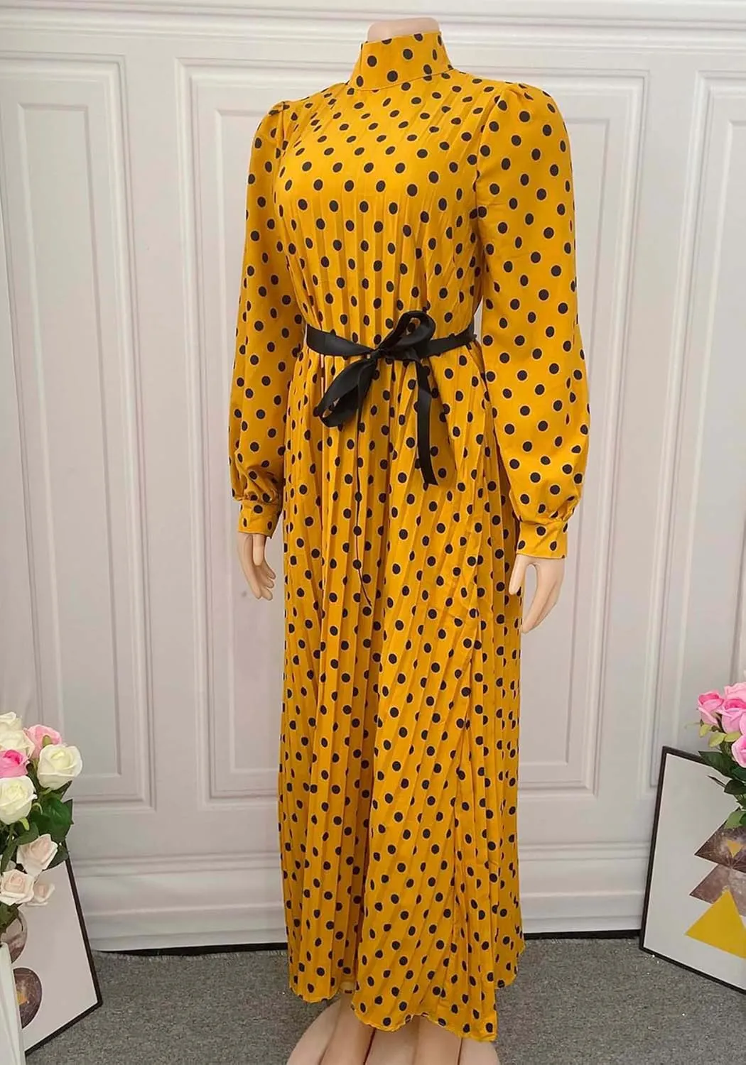 Women Polka Dots Pleated Dress Party Elegant 3/4 Sleeve Mock Neck Flowy Midi Cocktail Dresses with Belt Plus Size