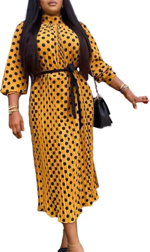 Women Polka Dots Pleated Dress Party Elegant 3/4 Sleeve Mock Neck Flowy Midi Cocktail Dresses with Belt Plus Size