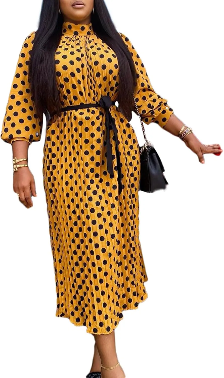 Women Polka Dots Pleated Dress Party Elegant 3/4 Sleeve Mock Neck Flowy Midi Cocktail Dresses with Belt Plus Size