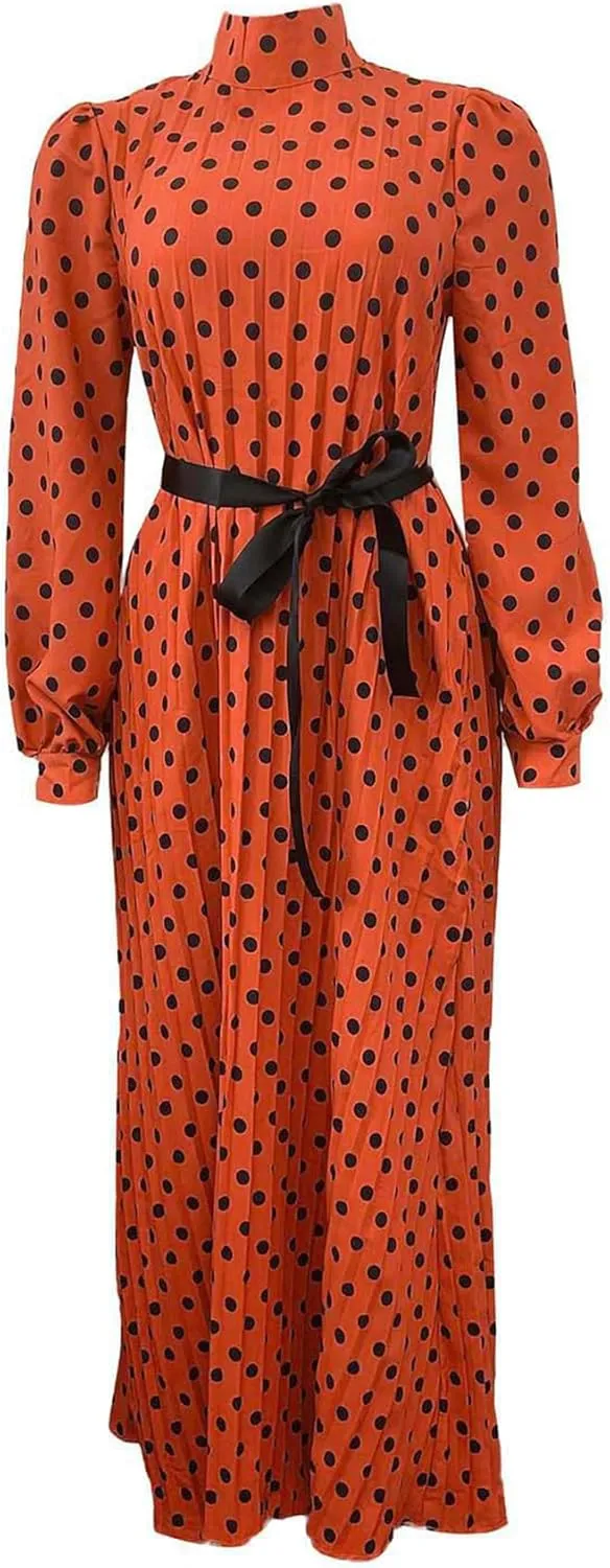 Women Polka Dots Pleated Dress Party Elegant 3/4 Sleeve Mock Neck Flowy Midi Cocktail Dresses with Belt Plus Size