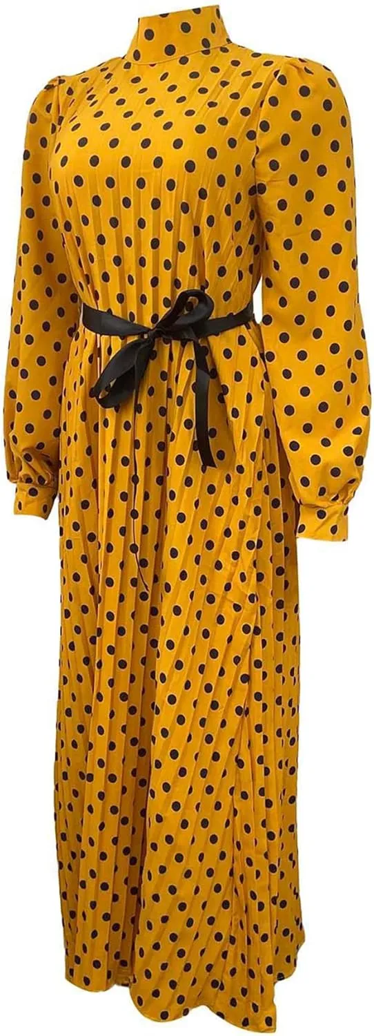 Women Polka Dots Pleated Dress Party Elegant 3/4 Sleeve Mock Neck Flowy Midi Cocktail Dresses with Belt Plus Size