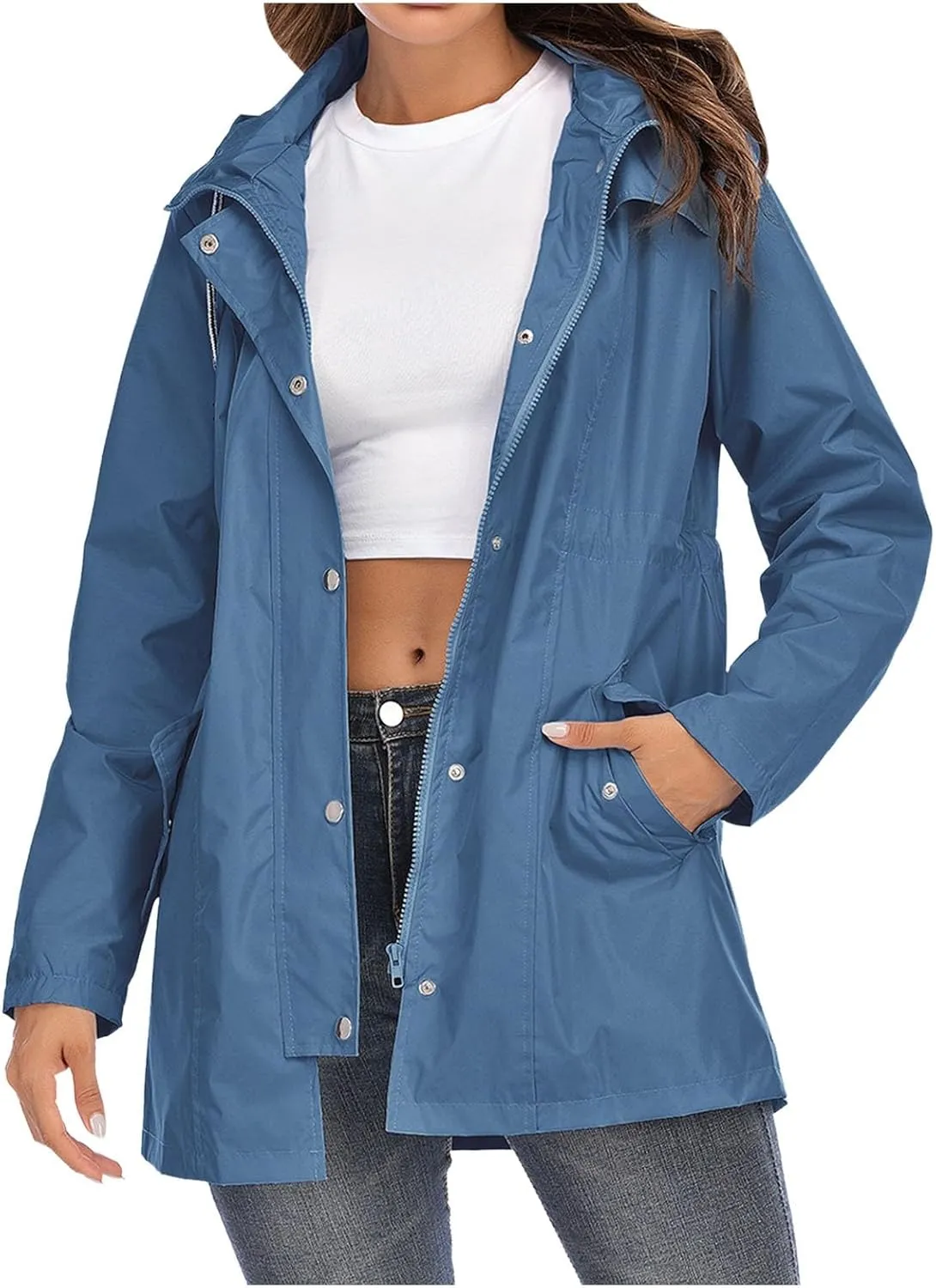 Women Raincoat Long Hooded Trench Coats Lined Windbreaker Travel Jacket Windbreaker Trendy Coats