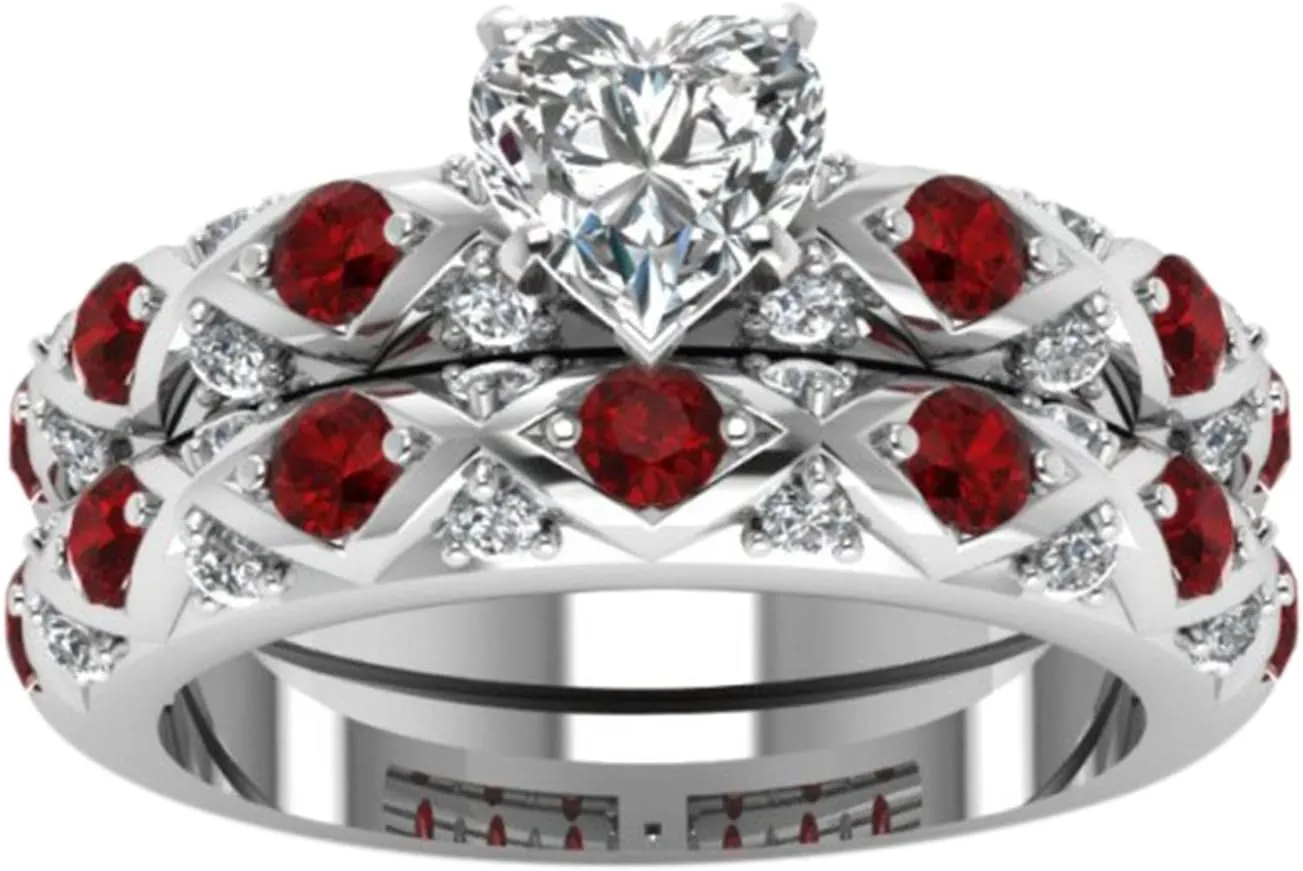 Women Red Cz Wedding Engagement Ring Bridal Sets Silver Promise Band His and Hers Wedding Ring Sets Couples Rings
