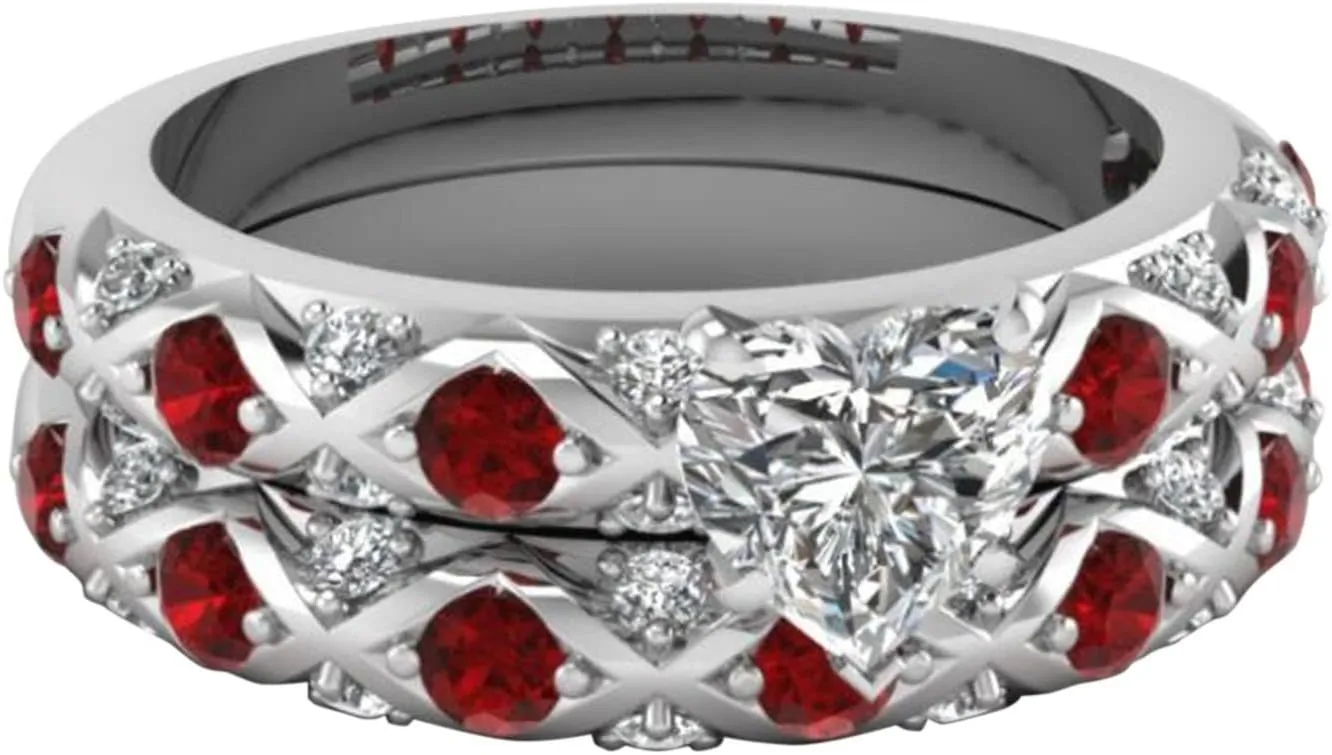 Women Red Cz Wedding Engagement Ring Bridal Sets Silver Promise Band His and Hers Wedding Ring Sets Couples Rings