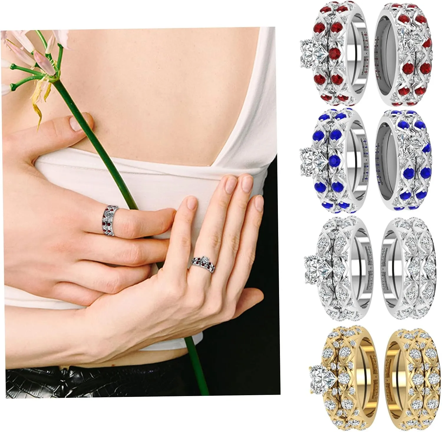 Women Red Cz Wedding Engagement Ring Bridal Sets Silver Promise Band His and Hers Wedding Ring Sets Couples Rings