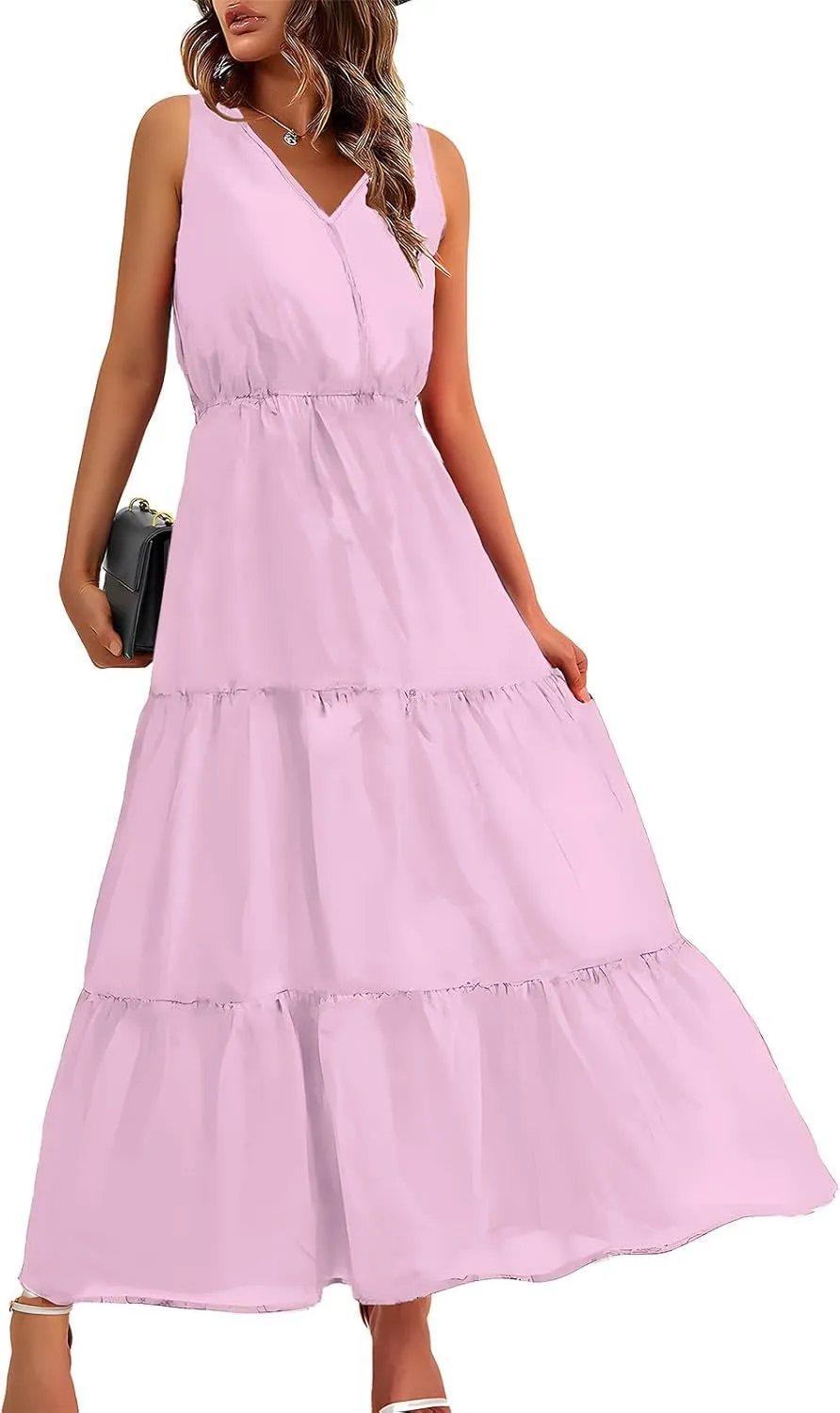 Women Sleeveless Flowy Maxi Dresses Casual Simple Solid Color Sundress Loose Trendy Tiered Tank Dresses