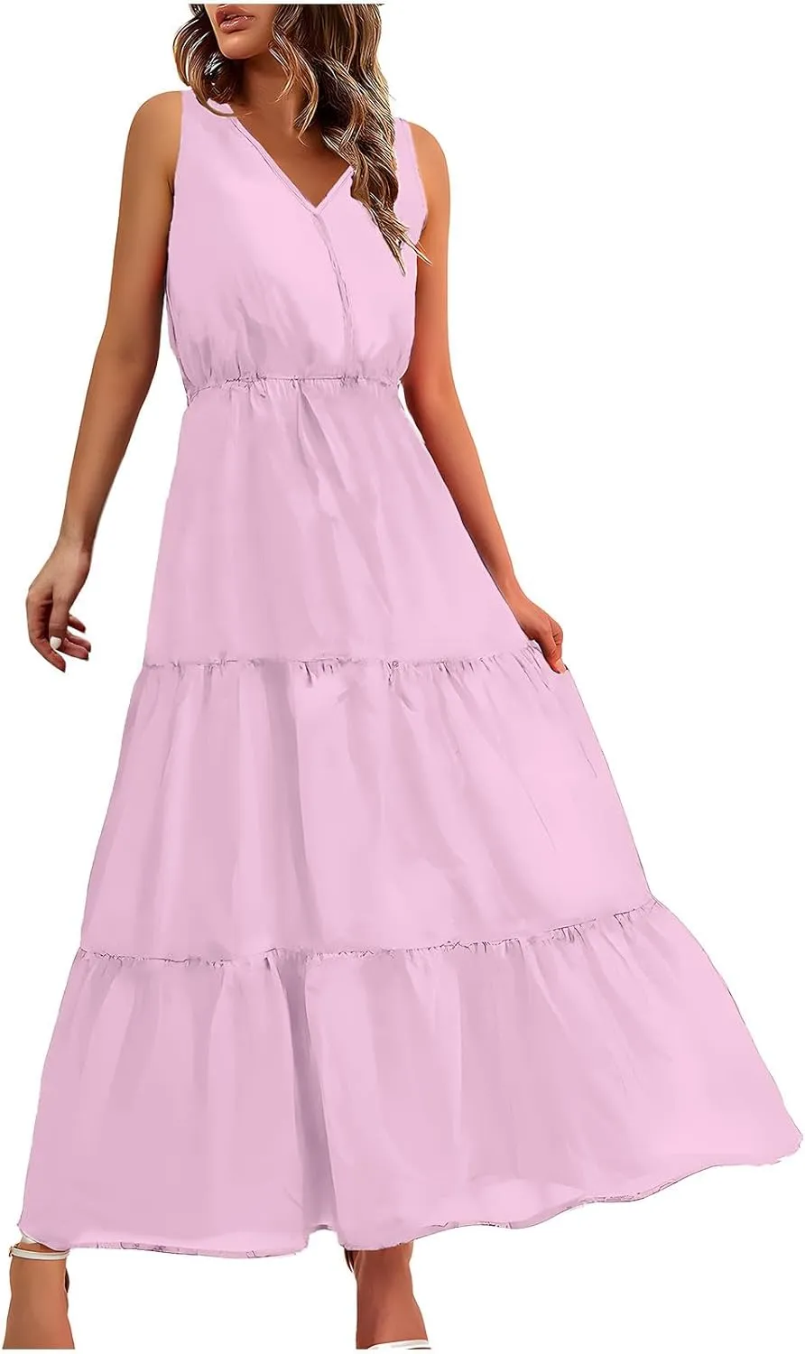 Women Sleeveless Flowy Maxi Dresses Casual Simple Solid Color Sundress Loose Trendy Tiered Tank Dresses