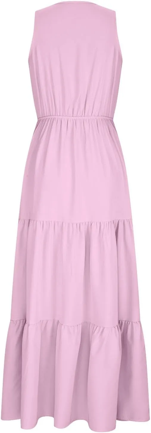 Women Sleeveless Flowy Maxi Dresses Casual Simple Solid Color Sundress Loose Trendy Tiered Tank Dresses