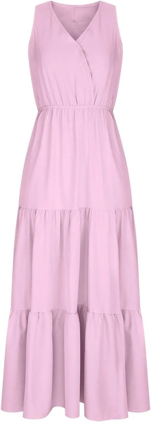 Women Sleeveless Flowy Maxi Dresses Casual Simple Solid Color Sundress Loose Trendy Tiered Tank Dresses
