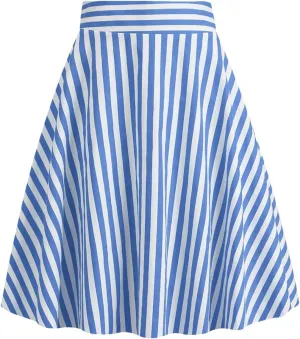 Women Striped A Line Skirts Cotton Midi Swing Skirt Flared Stretchy Skater Mini Party Skirt