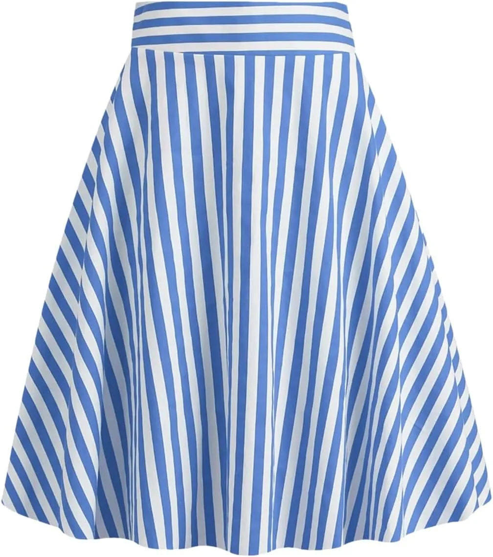 Women Striped A Line Skirts Cotton Midi Swing Skirt Flared Stretchy Skater Mini Party Skirt
