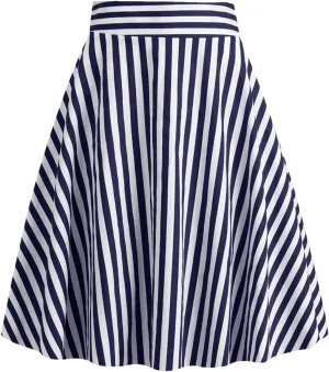 Women Striped A Line Skirts Cotton Midi Swing Skirt Flared Stretchy Skater Mini Party Skirt