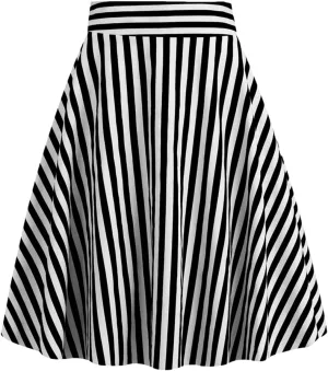 Women Striped A Line Skirts Cotton Midi Swing Skirt Flared Stretchy Skater Mini Party Skirt