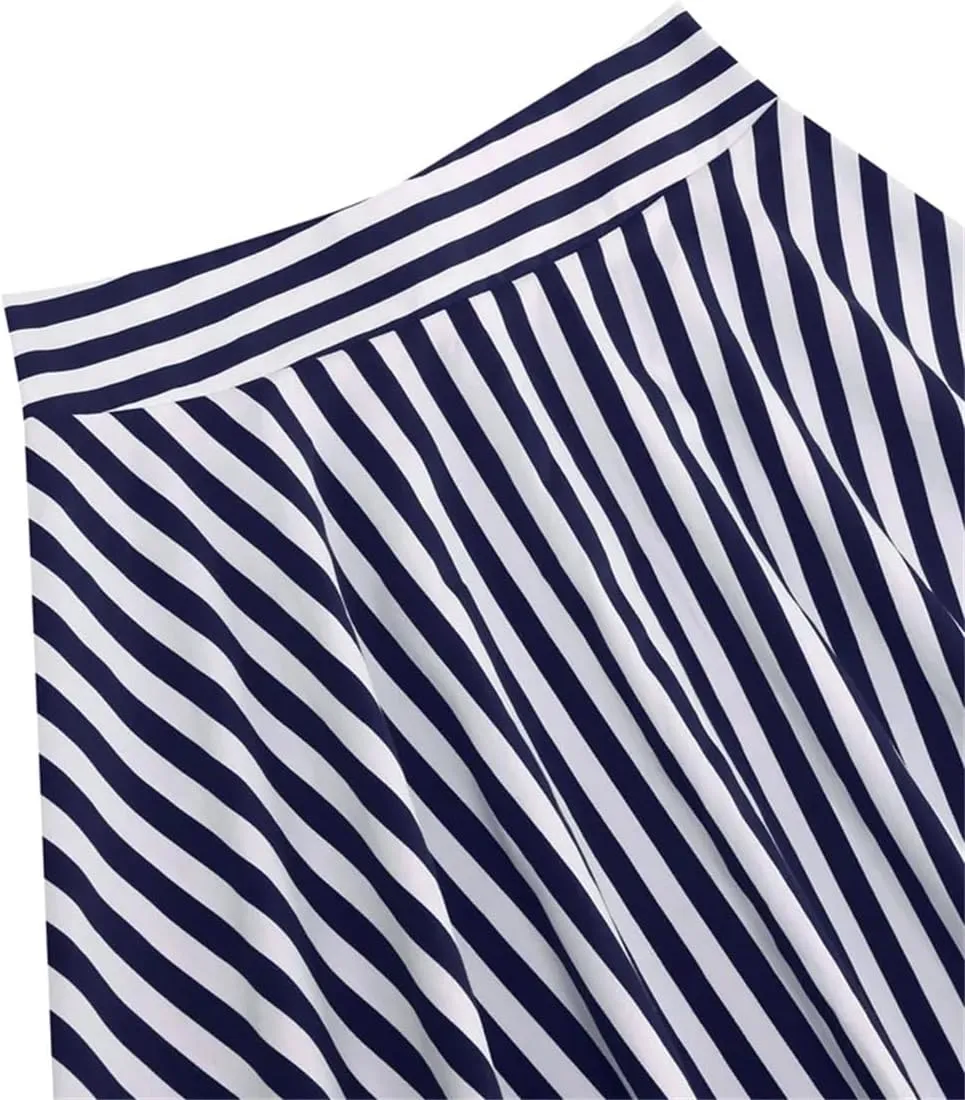 Women Striped A Line Skirts Cotton Midi Swing Skirt Flared Stretchy Skater Mini Party Skirt