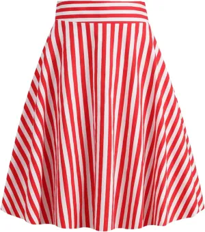 Women Striped A Line Skirts Cotton Midi Swing Skirt Flared Stretchy Skater Mini Party Skirt