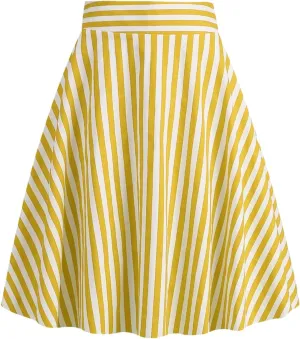 Women Striped A Line Skirts Cotton Midi Swing Skirt Flared Stretchy Skater Mini Party Skirt
