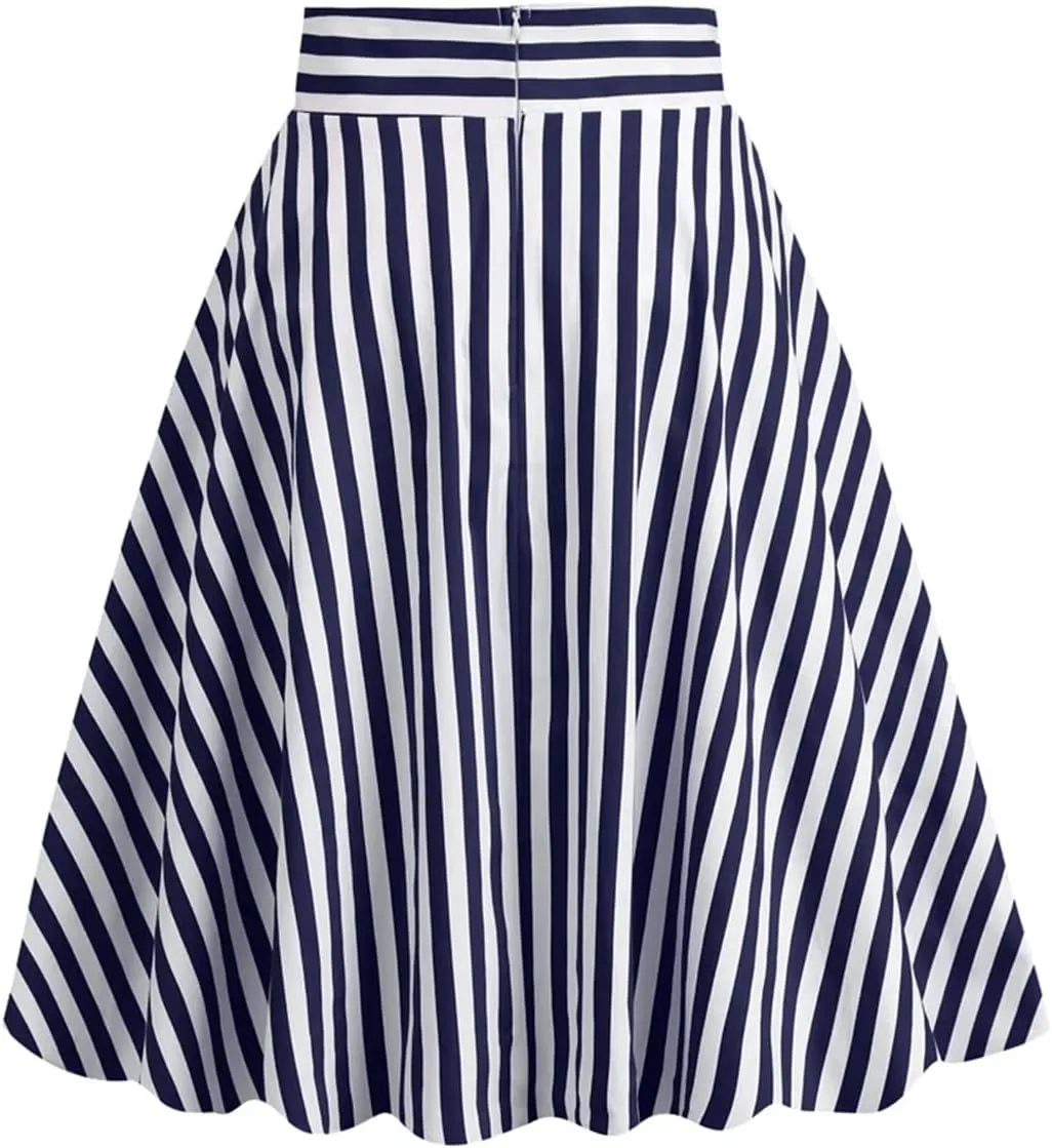 Women Striped A Line Skirts Cotton Midi Swing Skirt Flared Stretchy Skater Mini Party Skirt
