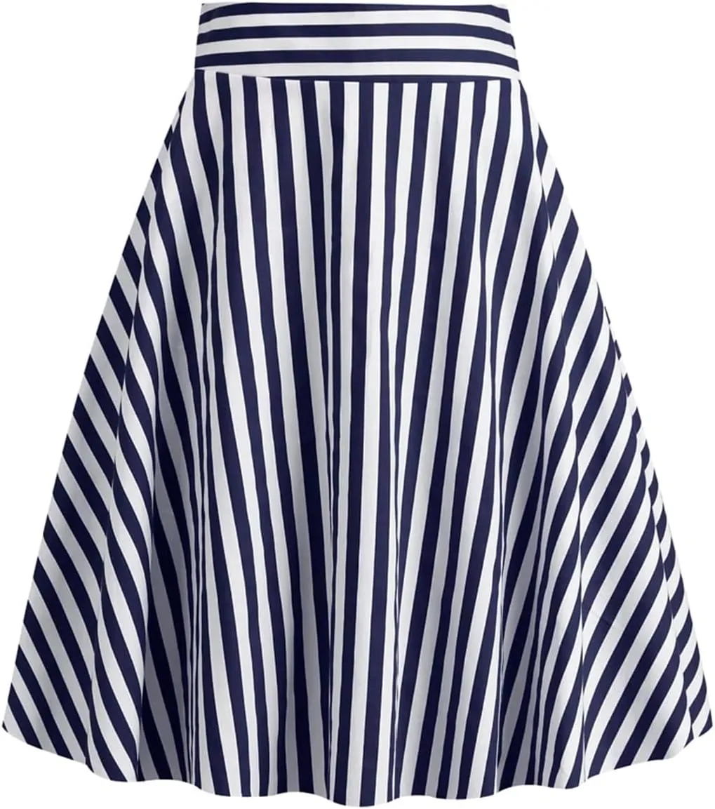 Women Striped A Line Skirts Cotton Midi Swing Skirt Flared Stretchy Skater Mini Party Skirt