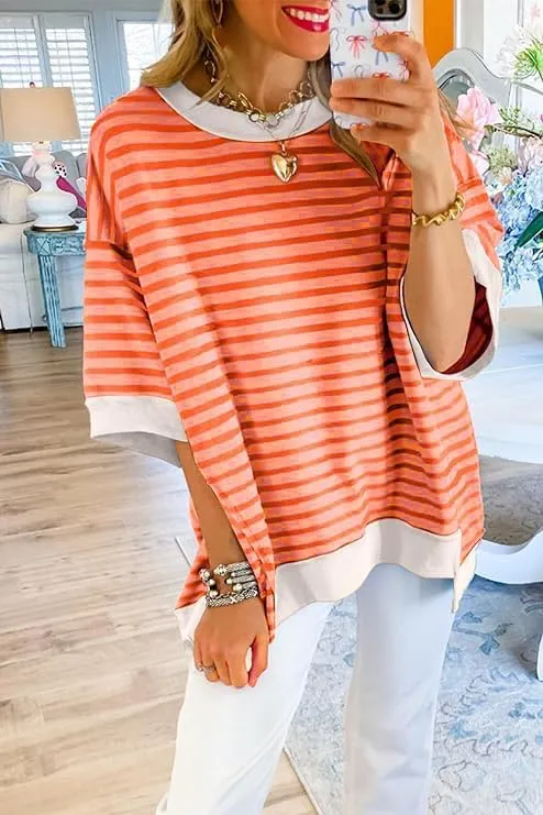 Women Striped Colorblock Oversized T Shirt Exposed Seam High Low Pullover Crewneck Short Sleeve Blouses Tops