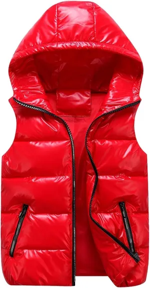 Women Winter Solid Color Full Zip Up Vest Jacket Sleeveless Lightweight Down Puffer Hooded Jacket with Zipper Pockets