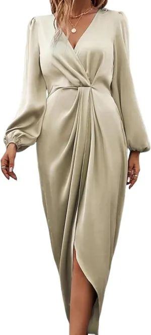 Women's 2025 Summer Dress Classy Ruffle Long Sleeve V Neck Midi Dress Casual Pleated Front Tight Waist Party Dresses