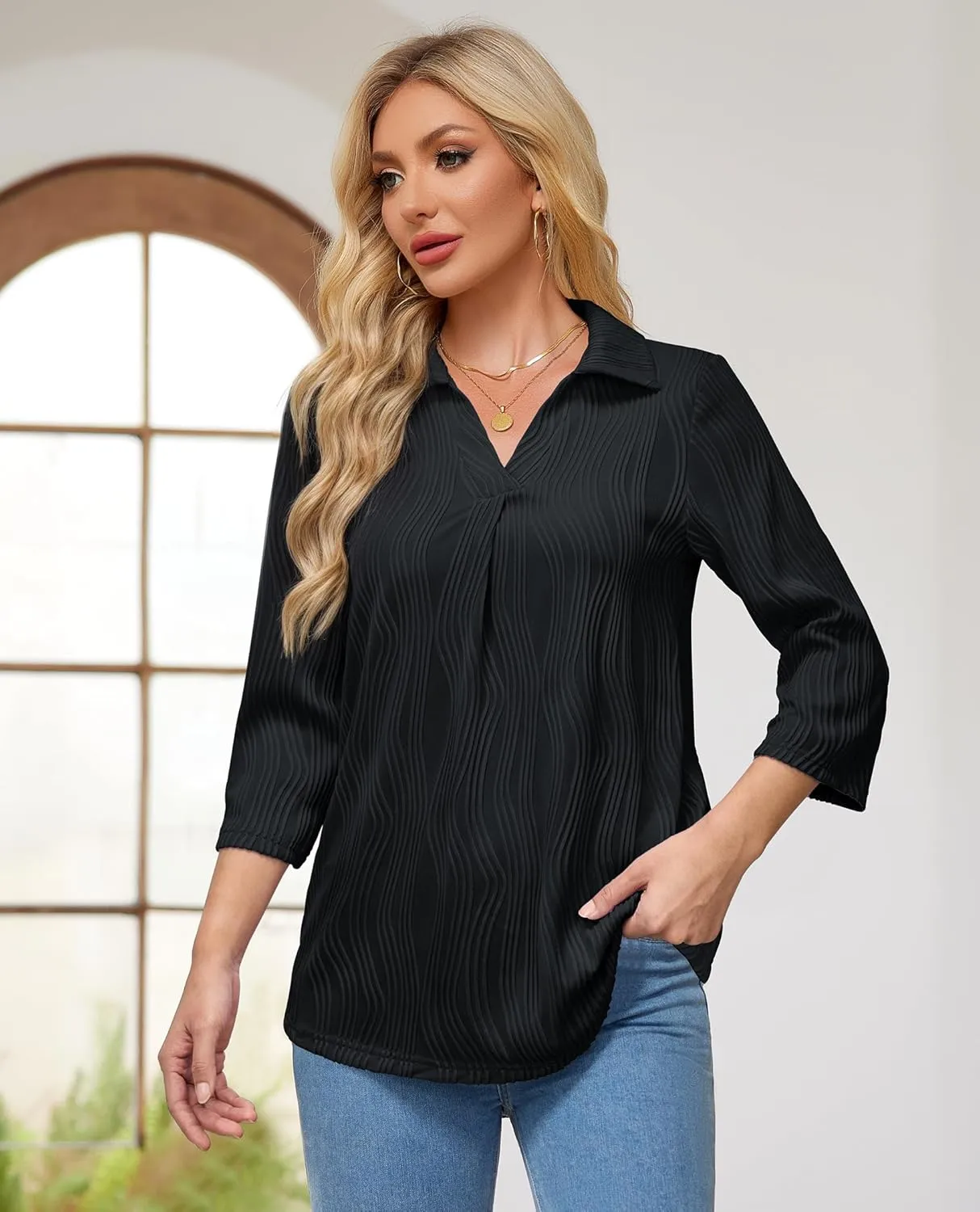 Womens 3 4 Sleeve Blouse Long Sleeve Business Casual Tunic Tops V Neck Work Tops Textured Dressy Casual Shirts