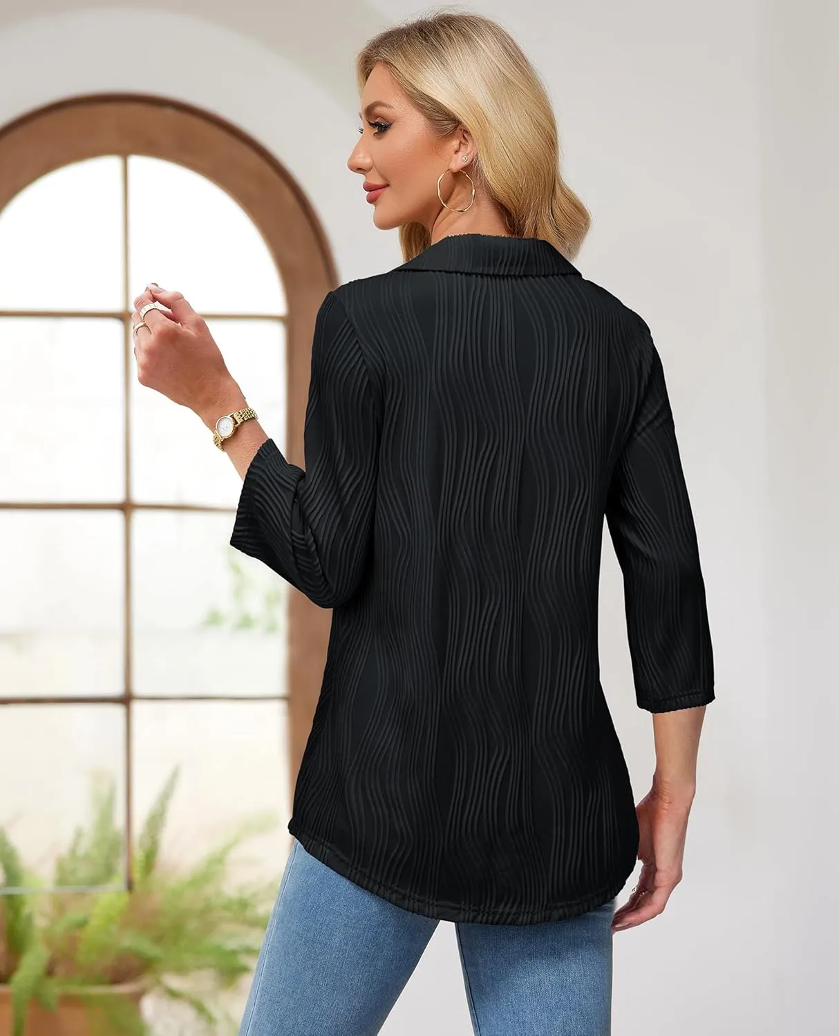 Womens 3 4 Sleeve Blouse Long Sleeve Business Casual Tunic Tops V Neck Work Tops Textured Dressy Casual Shirts
