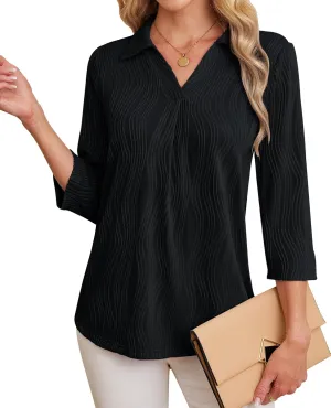 Womens 3 4 Sleeve Blouse Long Sleeve Business Casual Tunic Tops V Neck Work Tops Textured Dressy Casual Shirts