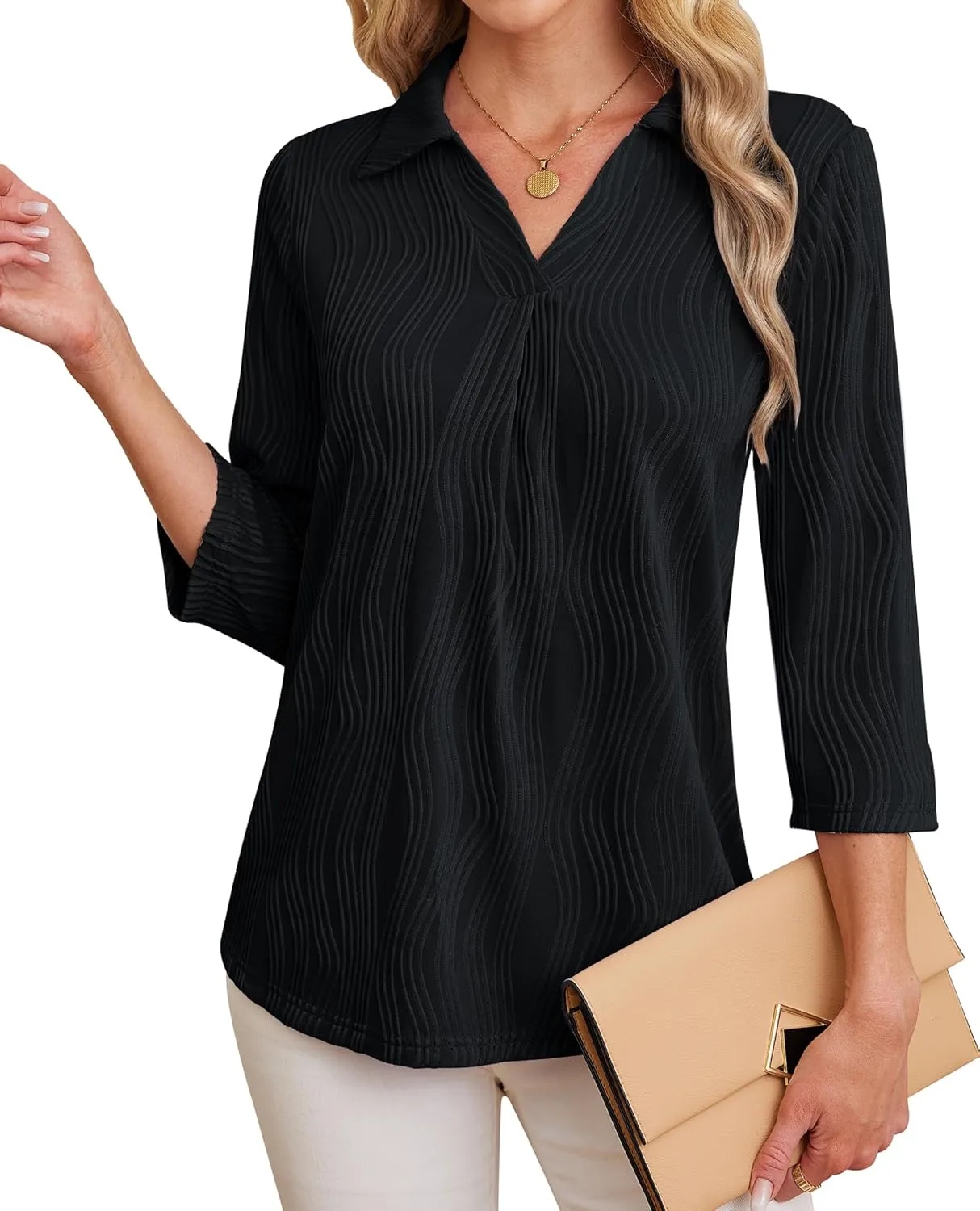 Womens 3 4 Sleeve Blouse Long Sleeve Business Casual Tunic Tops V Neck Work Tops Textured Dressy Casual Shirts