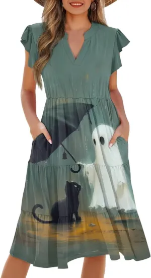Women's Bohemian Summer Casual Dresses Flowing V-Neck A-Line Dresses with Pocket Plus Size S-2XL