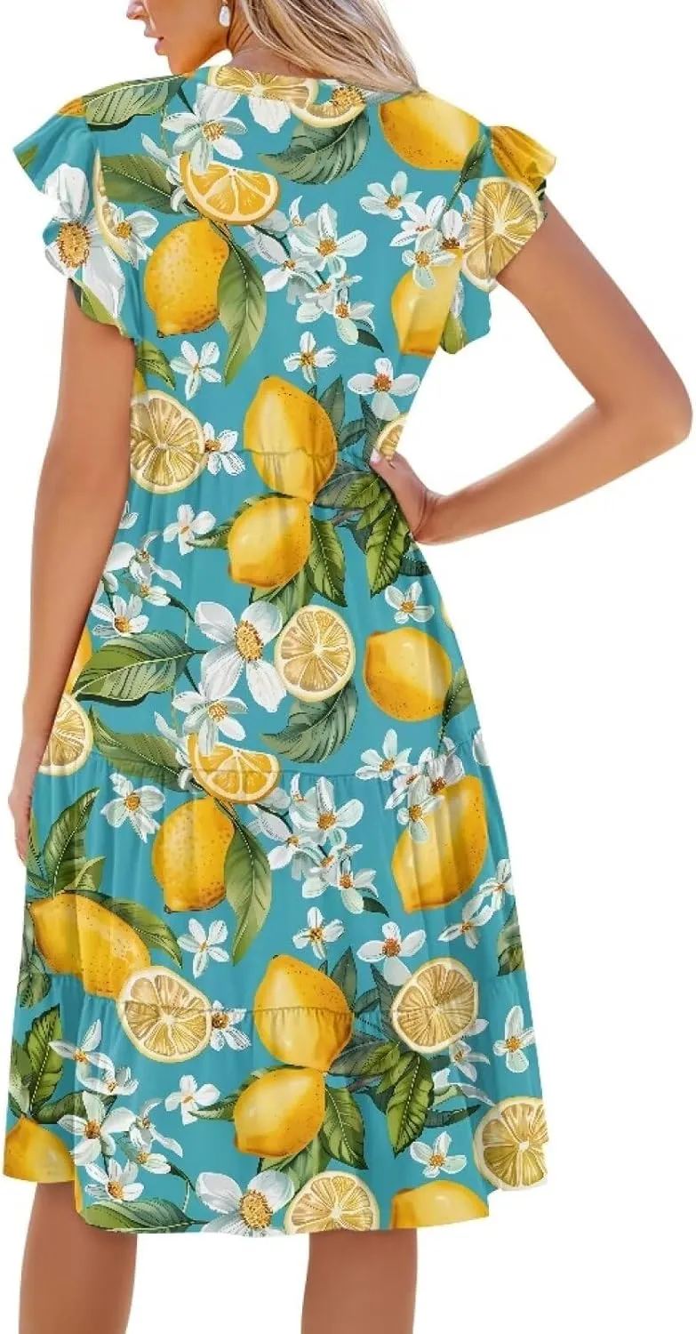 Women's Bohemian Summer Casual Dresses Flowing V-Neck A-Line Dresses with Pocket Plus Size S-2XL