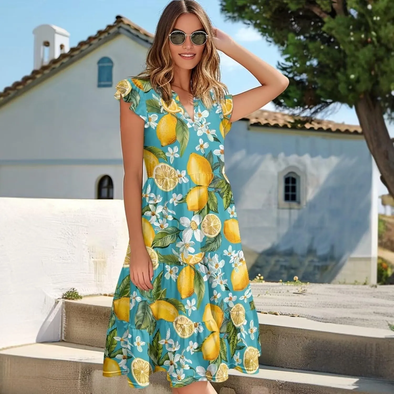 Women's Bohemian Summer Casual Dresses Flowing V-Neck A-Line Dresses with Pocket Plus Size S-2XL