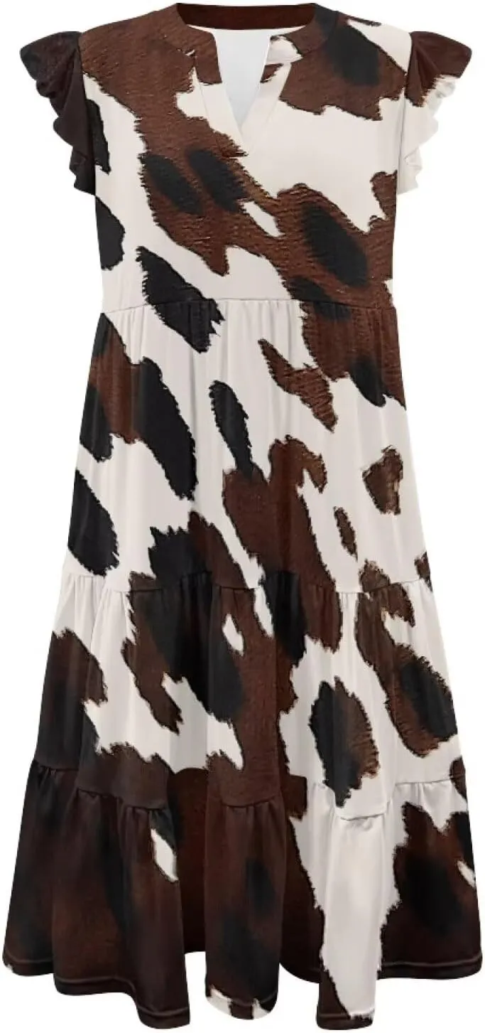 Women's Bohemian Summer Casual Dresses Flowing V-Neck A-Line Dresses with Pocket Plus Size S-2XL