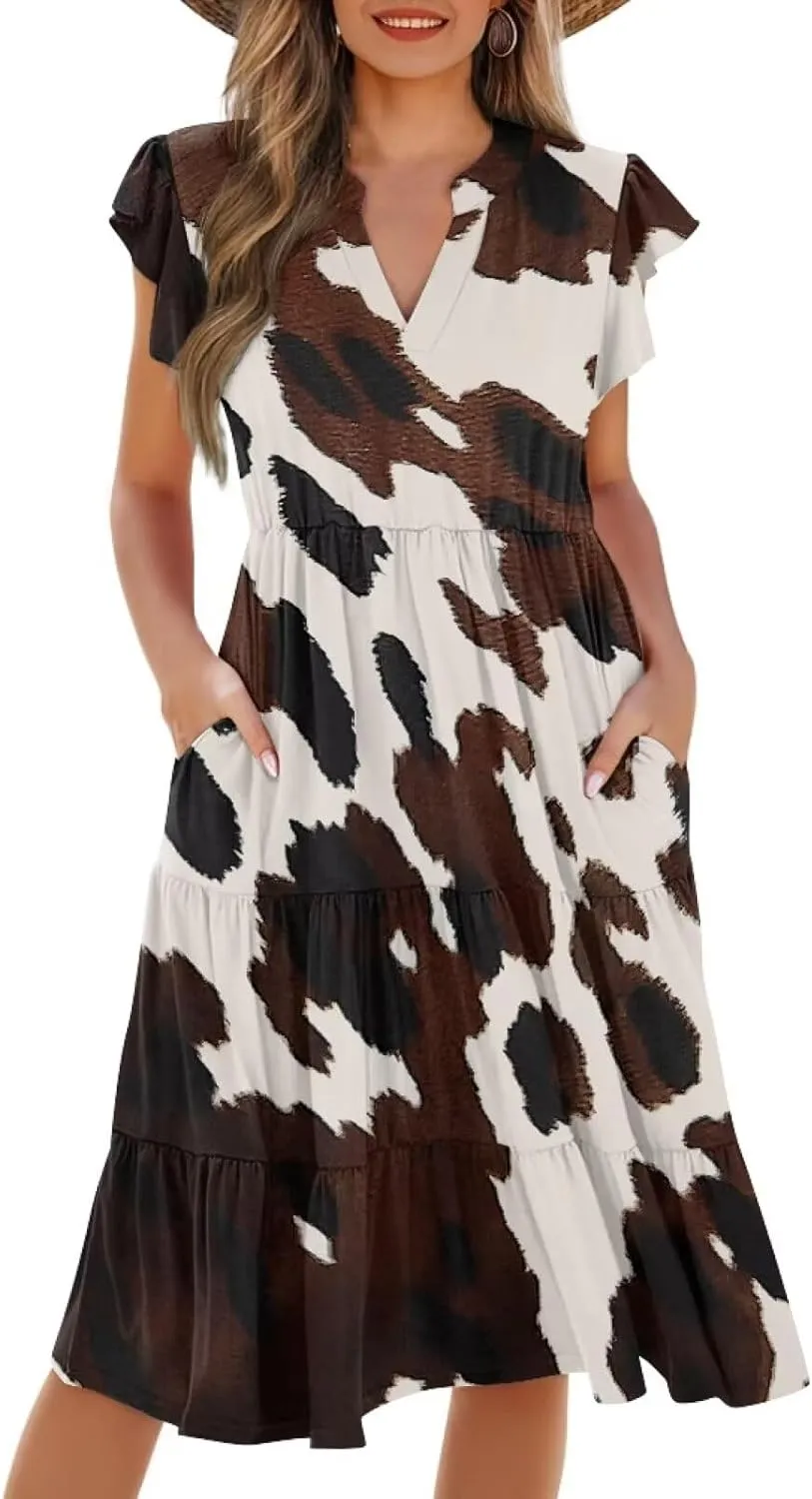 Women's Bohemian Summer Casual Dresses Flowing V-Neck A-Line Dresses with Pocket Plus Size S-2XL