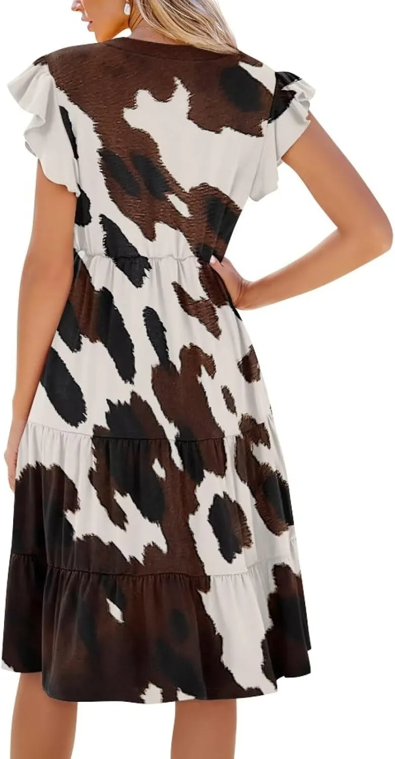 Women's Bohemian Summer Casual Dresses Flowing V-Neck A-Line Dresses with Pocket Plus Size S-2XL