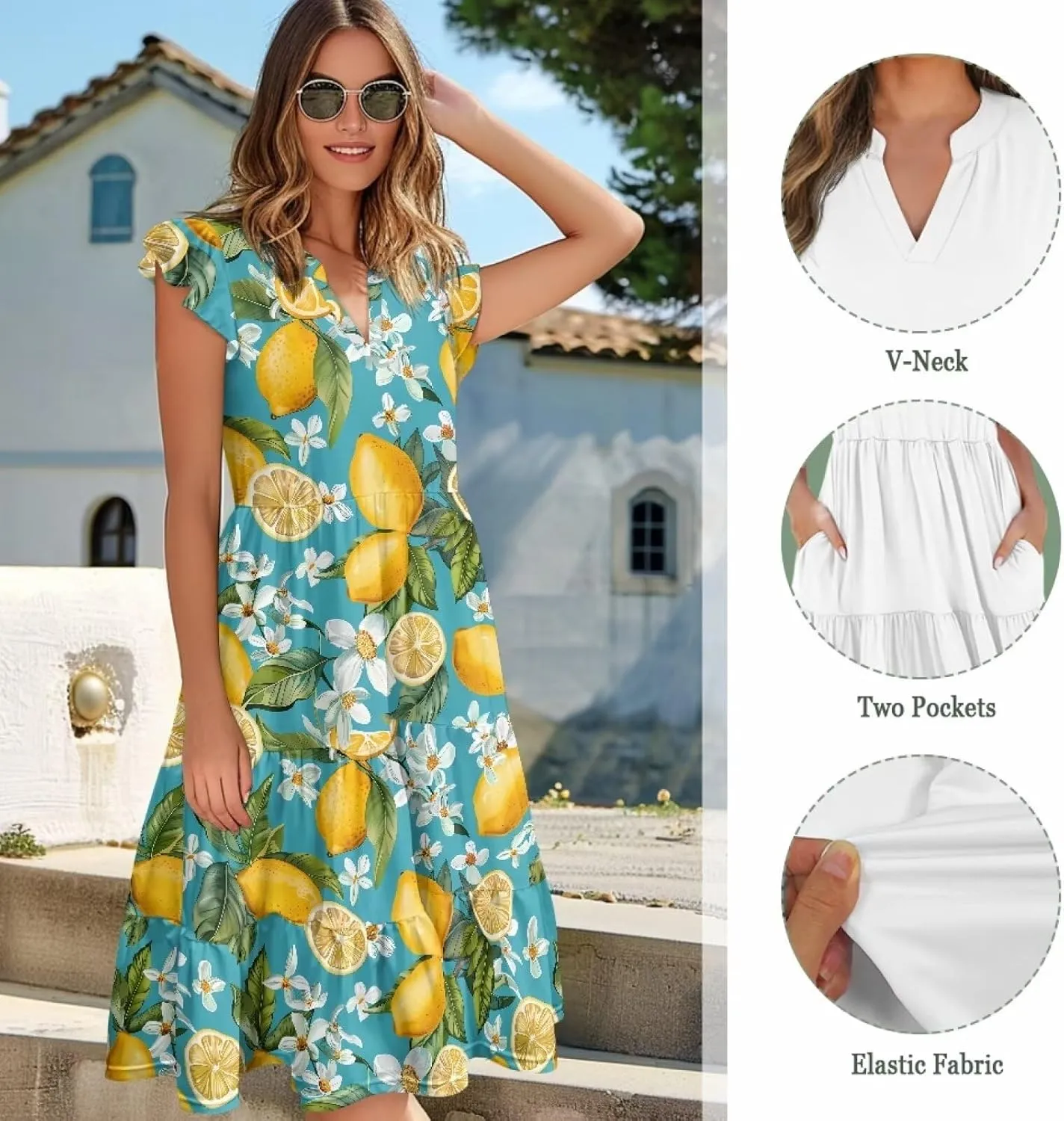 Women's Bohemian Summer Casual Dresses Flowing V-Neck A-Line Dresses with Pocket Plus Size S-2XL
