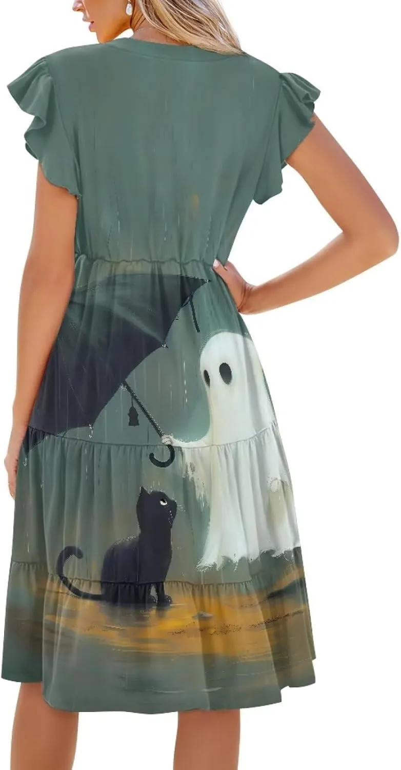 Women's Bohemian Summer Casual Dresses Flowing V-Neck A-Line Dresses with Pocket Plus Size S-2XL