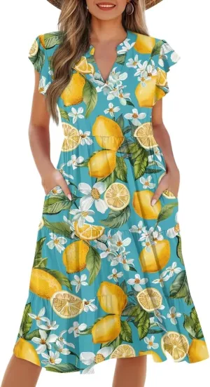 Women's Bohemian Summer Casual Dresses Flowing V-Neck A-Line Dresses with Pocket Plus Size S-2XL