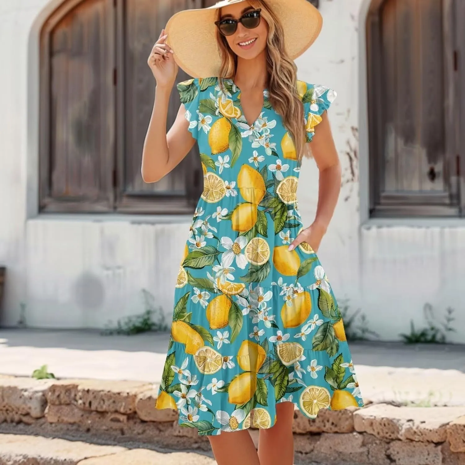 Women's Bohemian Summer Casual Dresses Flowing V-Neck A-Line Dresses with Pocket Plus Size S-2XL