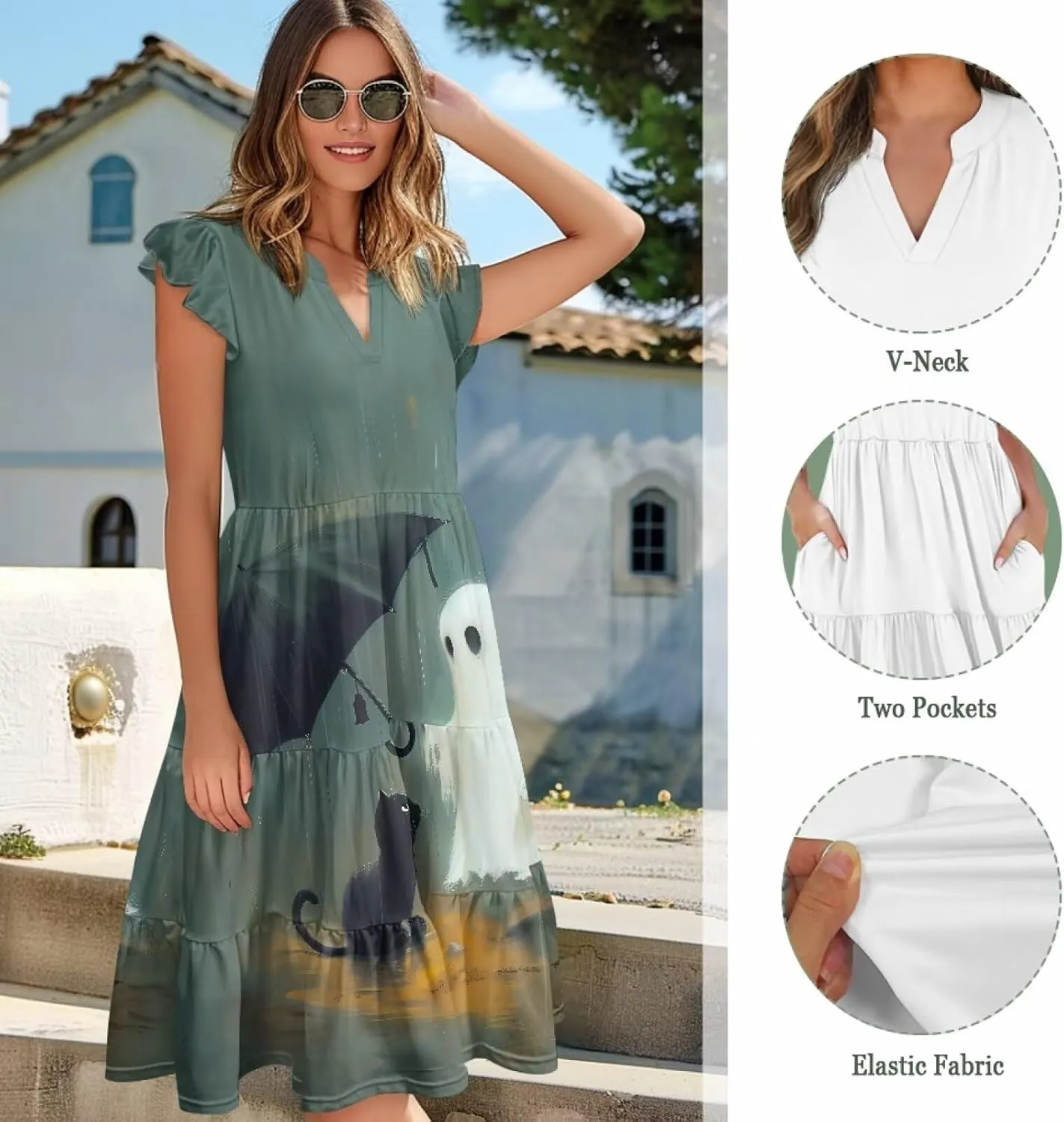 Women's Bohemian Summer Casual Dresses Flowing V-Neck A-Line Dresses with Pocket Plus Size S-2XL