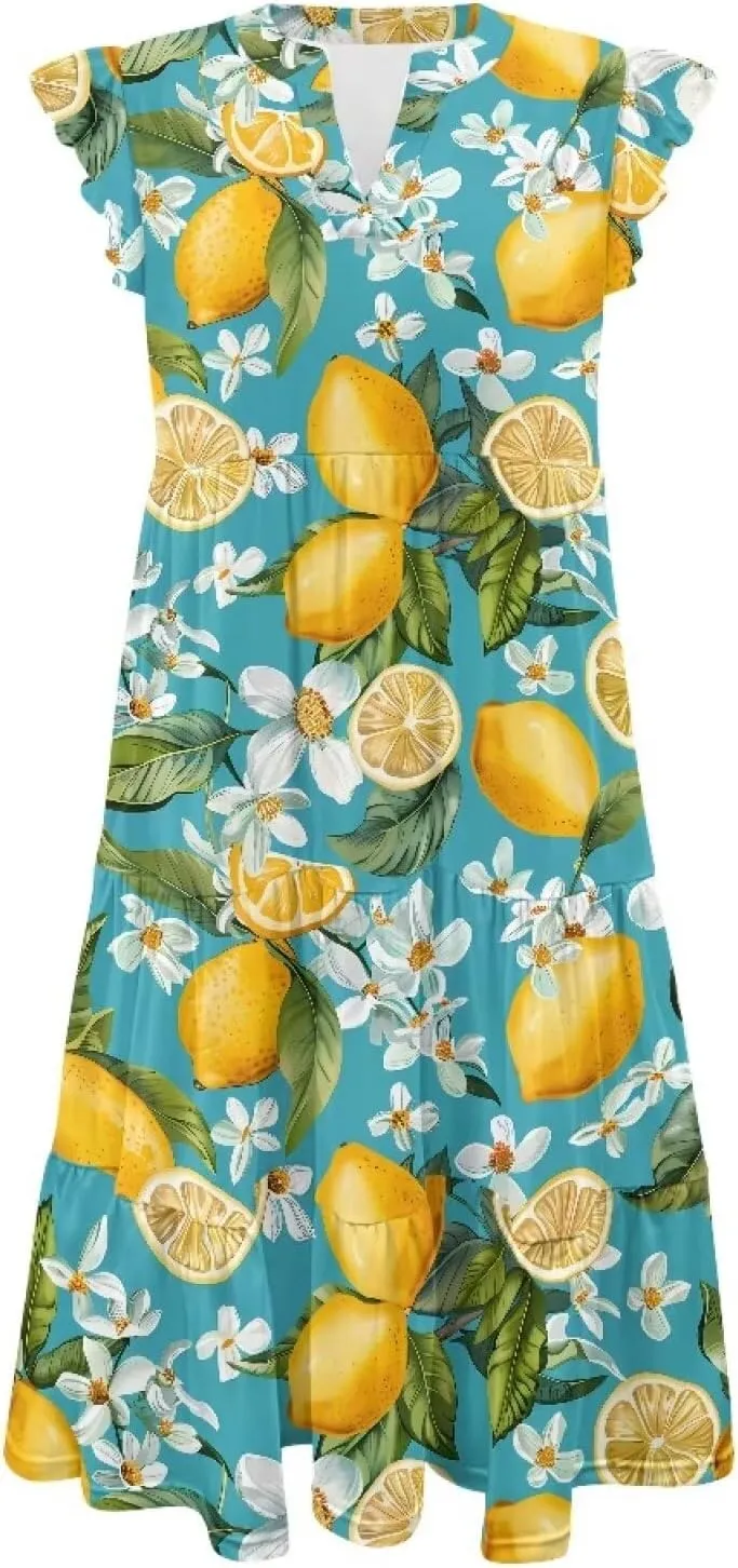 Women's Bohemian Summer Casual Dresses Flowing V-Neck A-Line Dresses with Pocket Plus Size S-2XL