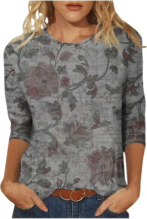 Womens Boho Casual Summer Tops 2025 Floral Blouses Tunic 3/4 Length Sleeve T Shirts Dressy Trendy Ladies Clothing