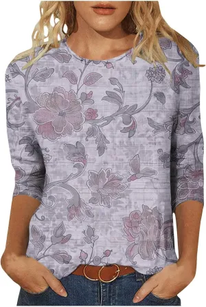 Womens Boho Casual Summer Tops 2025 Floral Blouses Tunic 3/4 Length Sleeve T Shirts Dressy Trendy Ladies Clothing