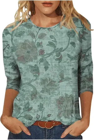 Womens Boho Casual Summer Tops 2025 Floral Blouses Tunic 3/4 Length Sleeve T Shirts Dressy Trendy Ladies Clothing